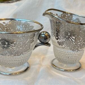 Elegant Vintage Silver Floral Glass Creamer and Sugar Set